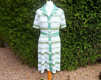 Vintage Retro 1960s 1970s Green White Striped A Line Mod Day Shirt Dress Collar Belt Labelled Size 18 Bust 40" Modern UK Medium 12-14