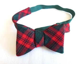 Vintage Retro 1980s Harrod's Of Knightsbridge Pure Wool Red  Green Tartan Bow Tie Adjustable Strap