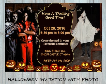 May include: Halloween invitation with a photo featuring a person in a ghost costume and a person in a red outfit. The invitation includes the text "Have a Thrilling Good Time!" and event details, surrounded by carved pumpkin illustrations.