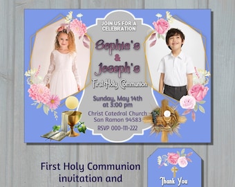 First Holy Communion Sibling Invitation with photos, Baptism Invitation, thank you tags