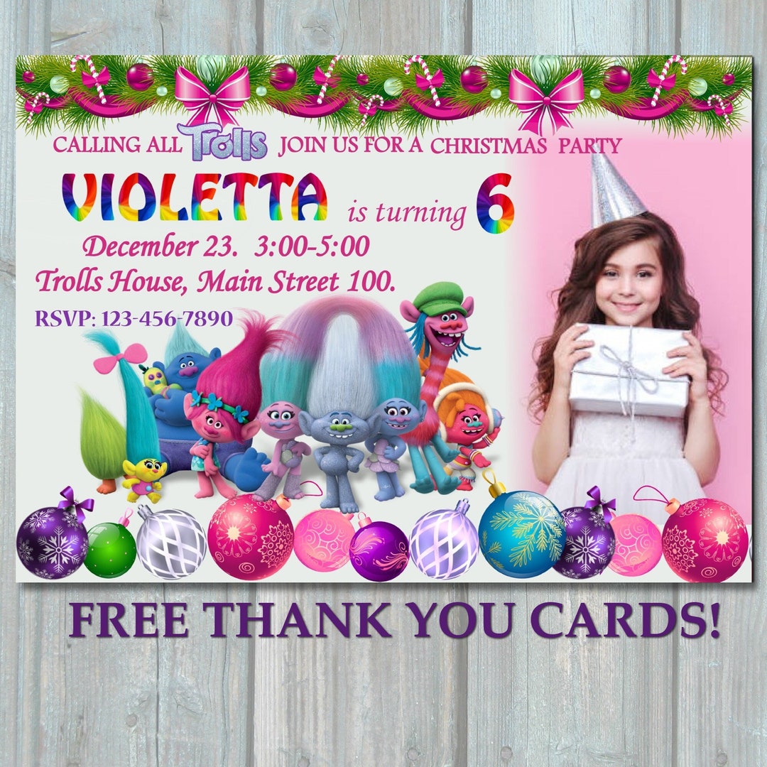 Trolls Birthday Girl Invitation With Photo, Christmas Party Invite