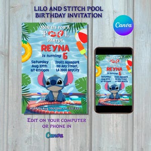 Lilo Stitch Pool Birthday Party Invitation, Beach Celebration Digital Invite