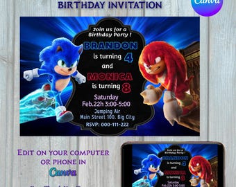 Sonic Sibling Geburtstagseinladung, Igel-Film-Einladung für Brüder und Schwestern, bearbeitbare Vorlage