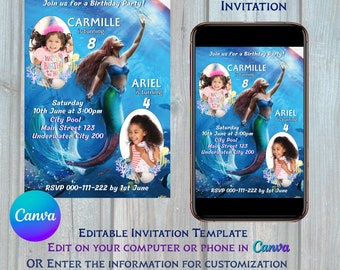 The Little Mermaid 2023 Birthday Sibling Invitation, Editable Pool Party Invitation with Photos