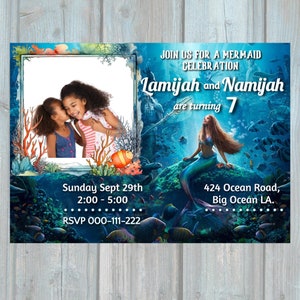 Little Mermaid Sibling Birthday Invitation with photo