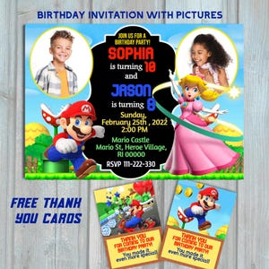Super Mario und Prinzessin Peach Geschwister Geburtstagsparty Inviation, Einladung mit Fotos und Dankeskarten