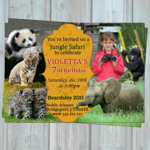 Convite de aniversário do zoológico com foto, cartão de convite para festa Safari para menina e menino, elefante, tigre, coala