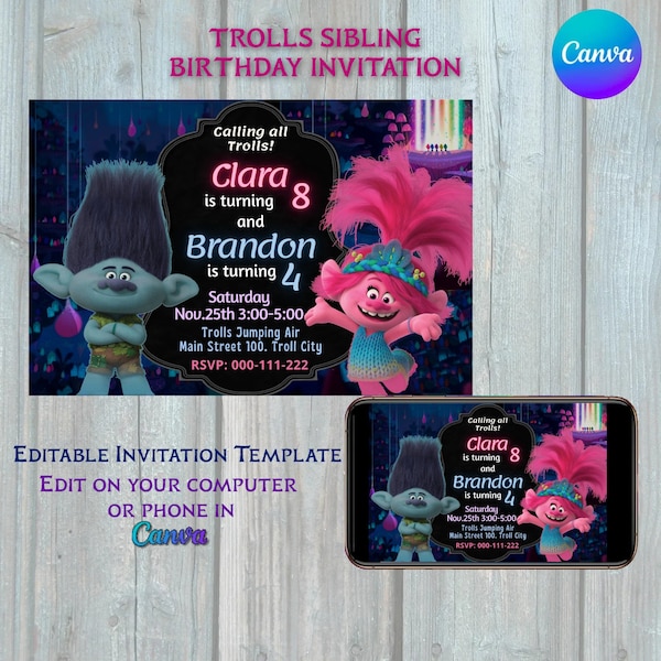 Trolls, Band Together 2023  Sibling Birthday  Invitation, Poppy and Branch Invite for Brothers and Sisters,  Editable Template