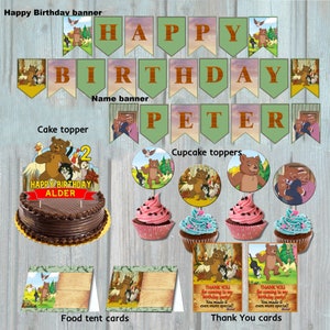 Pacote de aniversário de desenho animado antigo do Ursinho, conjunto de banner de aniversário, cartões de agradecimento, topo de bolo, topos de cupcake e cartões para barraca de comida