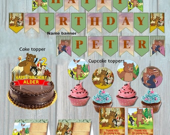 Printable Little Bear Cartoon Birthday Party Kit: Banner, Cake Topper, Thank You Tags, Food Tent Cards, Cupcake Toppers