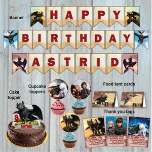 How train your dragon Birthday  Package, Toothless Set of Birthday banner, Thank you cards, Cake topper, Cupcake toppers and Food tent cards