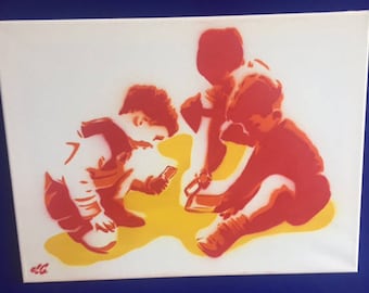 Children of today - Spray painted stencil to canvas (original) Orange and Red