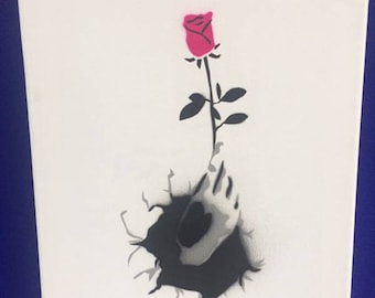 Rose in hand. Spray painted stencil to canvas. Original. Pink, black and grey