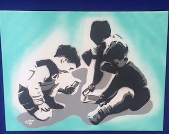 Children of today - Spray painted stencil to canvas (original)