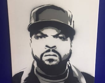 Spray painted stencil of Ice Cube (Rapper) on Canvas