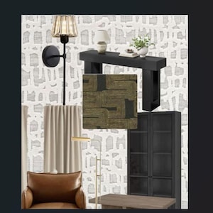 May include: A collage featuring a black wall sconce with a glass shade, a black console table, a brown leather armchair, a black glass-door cabinet, a light beige curtain, a small white lamp, a potted plant, and a gold-lined black fabric swatch.