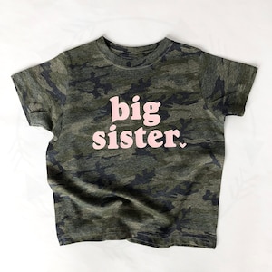 Big Sister Shirt / Promoted to Big Sister Shirt / Big Sis Tee / Baby Announcement/Sibling Announcement/Reveal/Camo and Pink / Olive and Pink