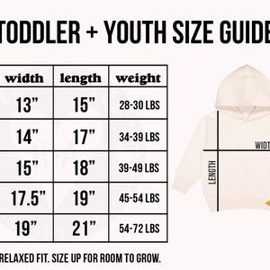 Peut inclure: Un tableau des tailles pour les v&ecirc;tements de tout-petits et de jeunes, indiquant les mesures de largeur, de longueur et de poids en pouces et en livres. Le tableau comprend les tailles 2T, 4T, 5/6, 6/8 et 10/12. Le texte "Unisex. Coupe d&eacute;contract&eacute;e. Prenez une taille au-dessus pour laisser de la place &agrave; la croissance." est en bas du tableau.