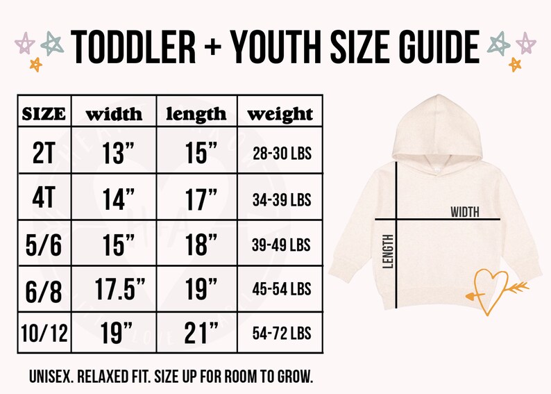 Peut inclure: Un tableau des tailles pour les v&ecirc;tements de tout-petits et de jeunes, indiquant les mesures de largeur, de longueur et de poids en pouces et en livres. Le tableau comprend les tailles 2T, 4T, 5/6, 6/8 et 10/12. Le texte "Unisex. Coupe d&eacute;contract&eacute;e. Prenez une taille au-dessus pour laisser de la place &agrave; la croissance." est en bas du tableau.