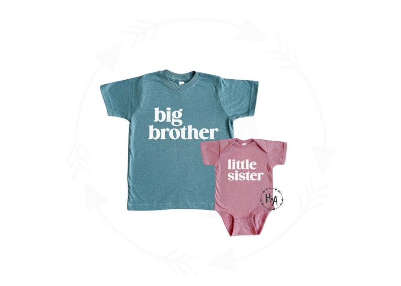 big brother little sister matching shirts. blue big brother shirt and mauve pink little sister bodysuit with matching font.