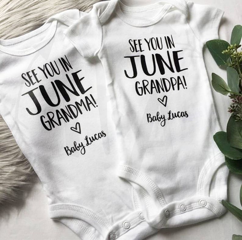 Pair Personalized Grandparent Announcement Onesie\u00ae Bodysuits Baby Announcement Onesie\u00aePregnancy Reveal to GrandparentsSurpriseShirts