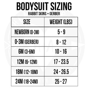 May include: A chart showing bodysuit sizing for babies from newborn to 24 months. The chart lists the size in months and the corresponding weight range in pounds.