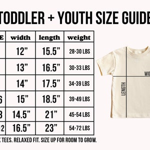 May include: A size chart for toddler and youth t-shirts, showing width, length, and weight recommendations for each size. The chart includes sizes 2T, 3T, 4T, 5/6, 6/8, and 10/12. The chart also includes a graphic of a t-shirt with measurements labeled "width" and "length".