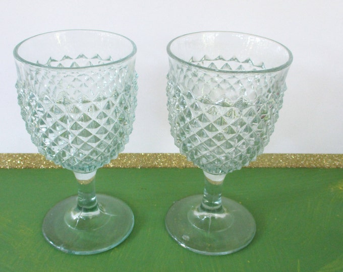 Vintage Light Green Glass Goblets,Two Morning Dew Glass Water Goblets in Diamond Point design6.25 T