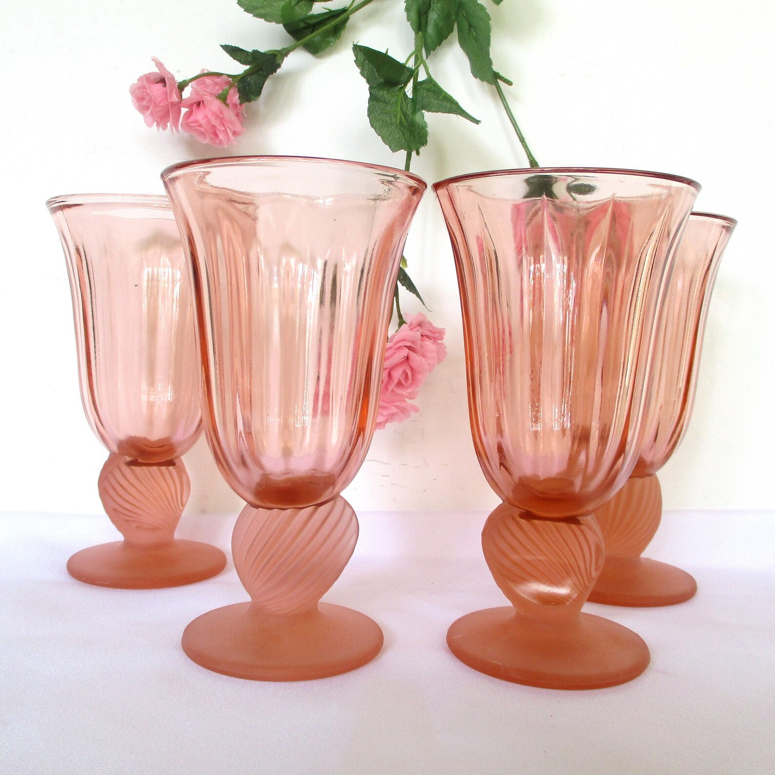 Vintage 4 Pink Glass Goblets With Frosted Glass Shell Stem7 Etsy