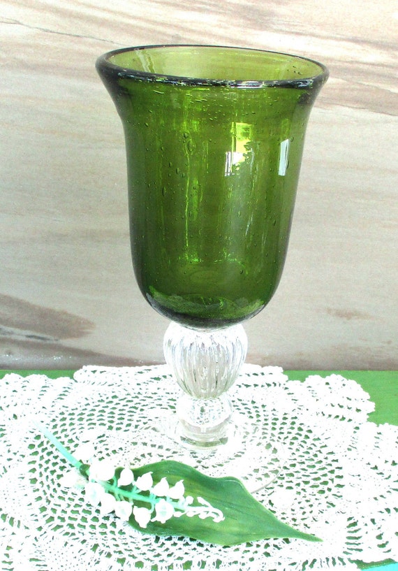 Vintage Green Glass Goblets,2 Large Beverages Glasses 7 T Blown Glass,wine Drinking  Glasses,10 Oz, 