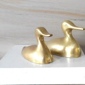 Vintage 2 Small Brass Duck Figurine, Rustic Mid Century Desk Decoration, Solid Brass Ducks