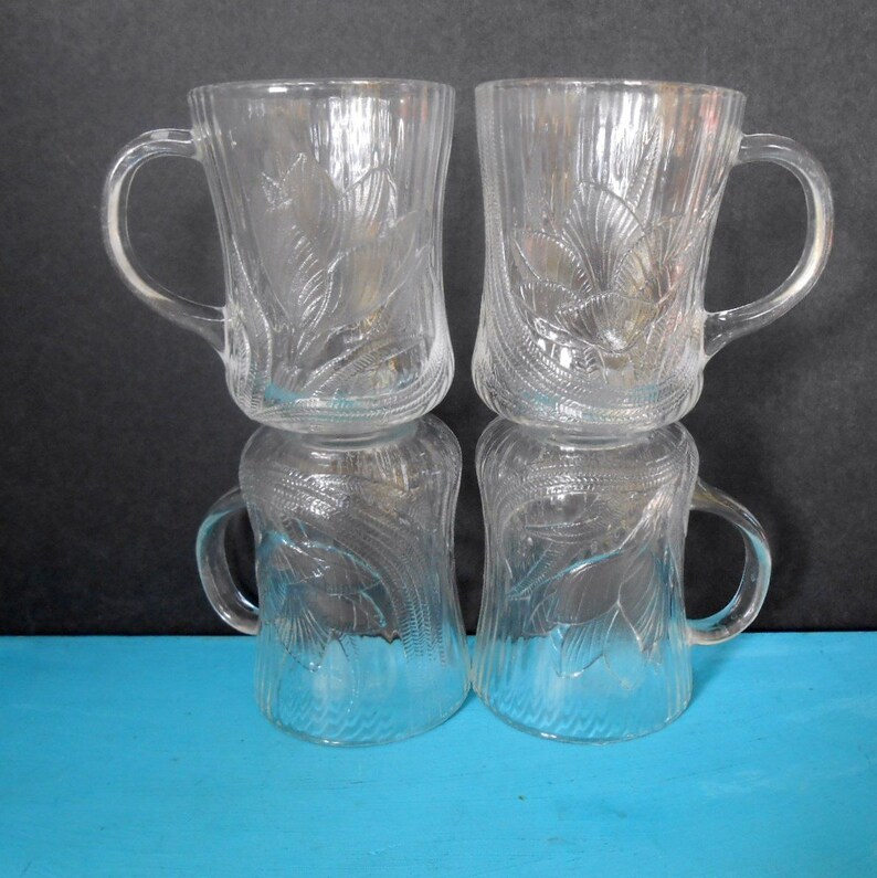 Arcoroc Vintage Clear Crystal Glass Mugs With Handles Flower Etsy