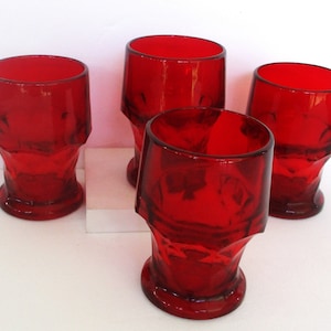 Vintage Red Ruby Glass 4 Beverages Glasses,14 oz Water,Juice Glasses,Ruby Red Glass Georgian Pattern Tumblers/5&quot; Tall/