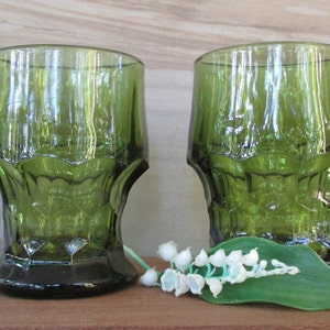 Vintage Green Glass Tumblers,Set of 2 Whisky Drinking Glasses,8 oz Green Glass Cocktail Cups/4.25" T/
