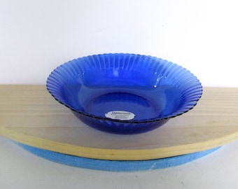 Vintage Cobalt Blue Glass Bowl,Ribbed Pattern,Tempered Serving Bowl, Made in Brazil By Colorex/9.5&quot; D/