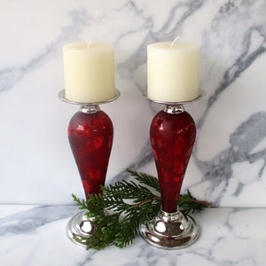 Set of two Pillar candle holders,up to 3 &quot;candle,Red glass and silver metal candle holders ,Made for BELK  Inc.