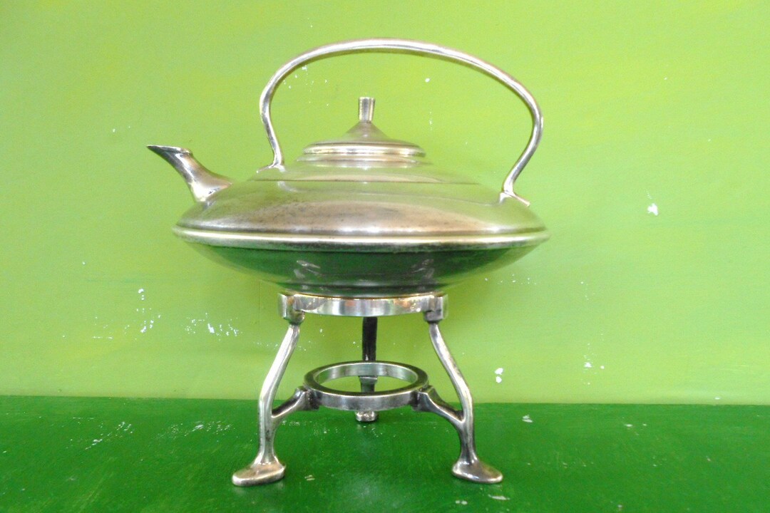 Vintage Silver Plated Tea Kettle on 3 Foot Stand, Restoration Hardware