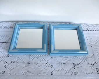 Vintage 2 square wall mirrors,Wooden,blue with silver tone,small mirrors,/5.25"F,3.5"mirror glass/