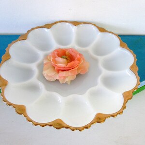 Vintage Egg Plate, Milk Glass Egg Platter Tray  with  Thick Gold Trim,Elegant Tray for 12 eggs,9.75&quot; D Milk Glass plate
