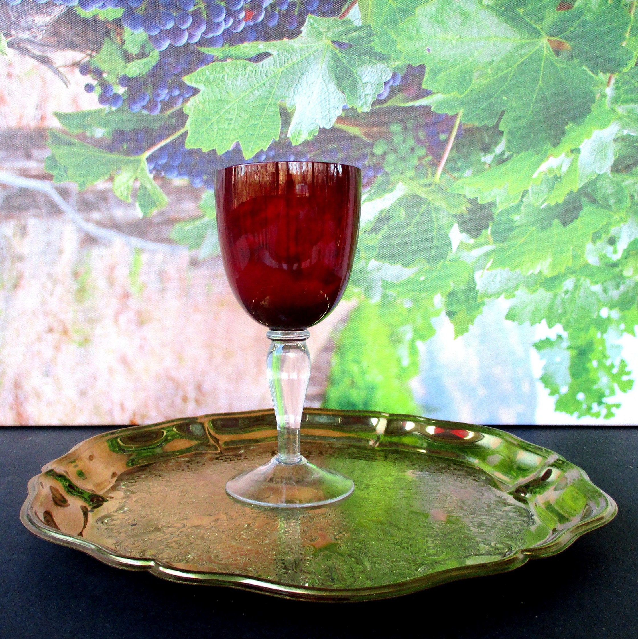 Vintage Ruby Red Stemmed Wine Goblets- Semt of 6
