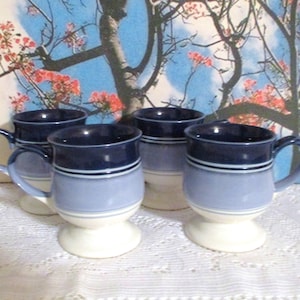 Vintage Ceramic Mugs,set of 4 White and  Blue Stoneware Pedestal Mugs,8 oz Tea,Coffee Mugs
