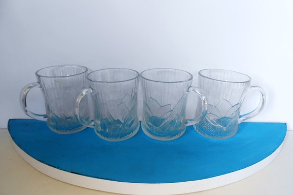 Arcoroc Vintage Clear Crystal Glass Mugs With Handles, Flower and Leaves  Pattern,coffee Cup,tea Cup Set of Four at 8 Oz. 