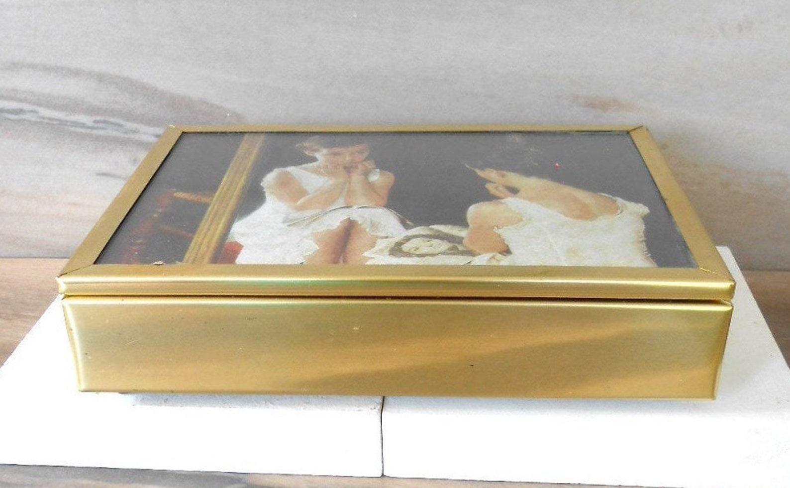 Vintage Brass and Mirror Trinket Box With Norman Rockwell Etsy