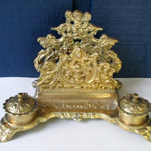 Vintage Brass Mail Holder,Letter Holder with Cherubs and Double Inkwell,Desk Organizer, Desk Decor