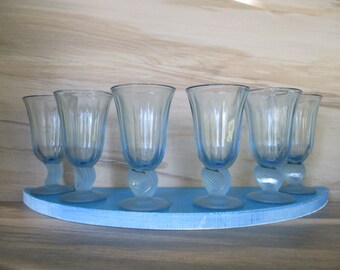 Copas vintage Fostoria Captiva de vidrio azul, tallo de concha esmerilado, juego de 6