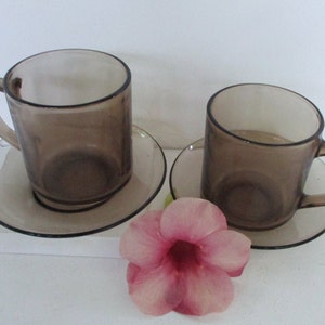 Vintage 2 Glass Mugs with Saucers,Tempered Glass,10 oz Smoked Brown Glass By Arcoroc France