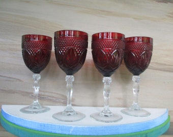 Vintage Red Ruby 4 Goblets,Antique Pattern,8 oz Red Garnet with Cristal Stem Goblets by Cristal D Arques -Durand,/8&quot; T/