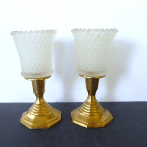 Glass on brass, pair of brass candlesticks with white frosted glass cups, brass tealight or taper candle holders /6" T/