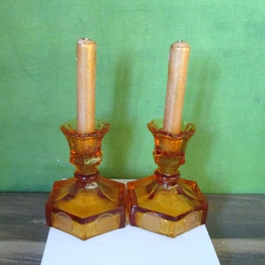Vintage Two/2/ Amber Glass 4.5" T Candlestick,Hexagonal Base with Coin Pattern,Orange, Heavy Glass Candlesticks,