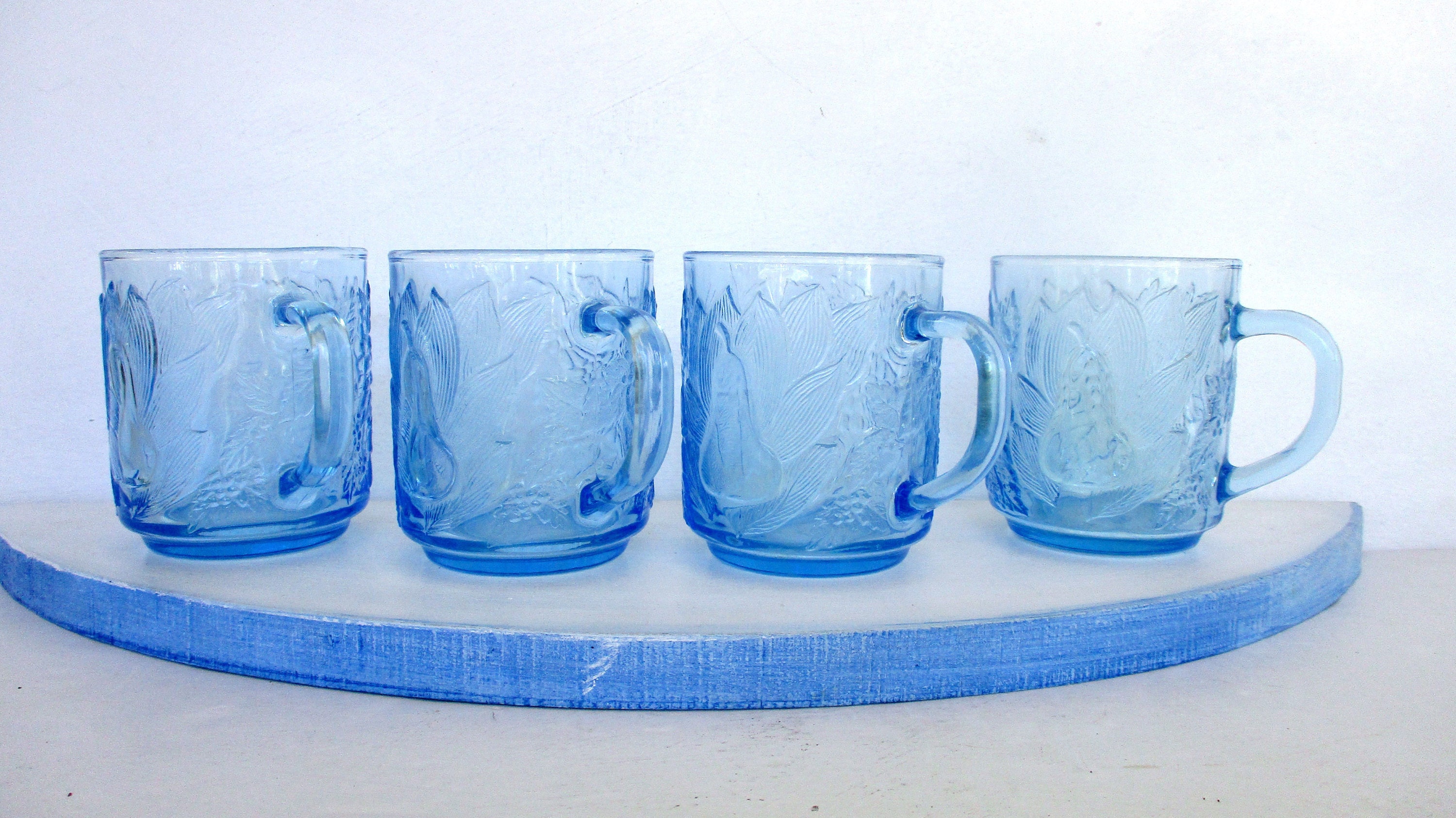 Vintage Blue Glass MugsEmbossed Fruit Light Blue MugsMade by Etsy